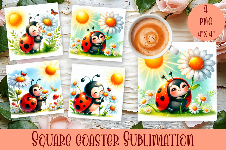 Watercolor Lady Bug Square Coaster PNG. Coaster Sublimation