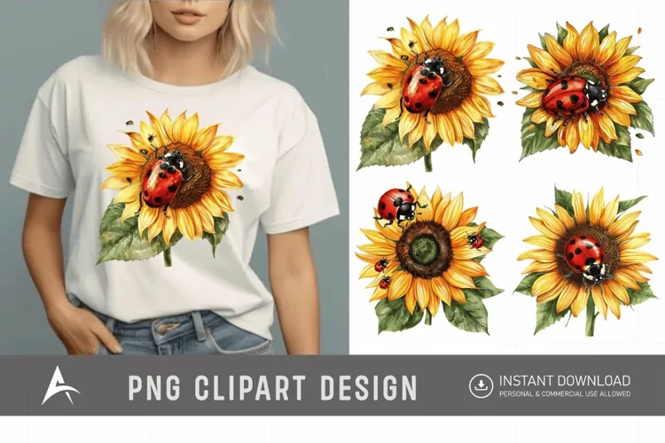 Watercolor Ladybug with Sunflower Clipart