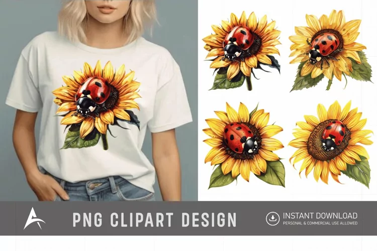 Watercolor Ladybug with Sunflower Clipart
