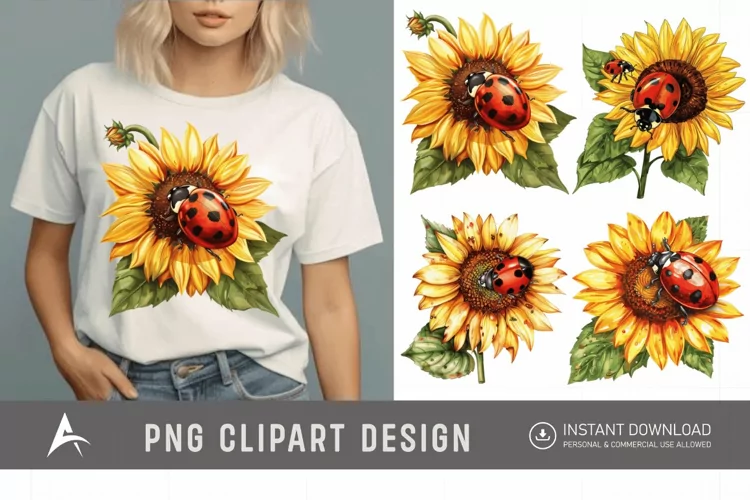 Watercolor Ladybug with Sunflower Clipart