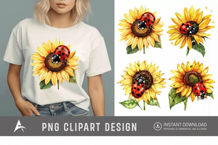 Watercolor Ladybug with Sunflower Clipart