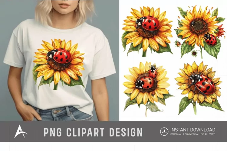 Watercolor Ladybug with Sunflower Clipart