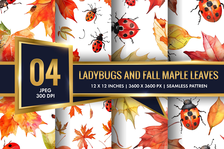 Watercolor Ladybugs and Fall Maple Leaves Digital Paper