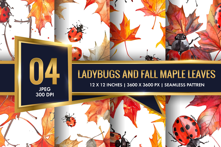 Watercolor Ladybugs and Fall Maple Leaves Digital Paper