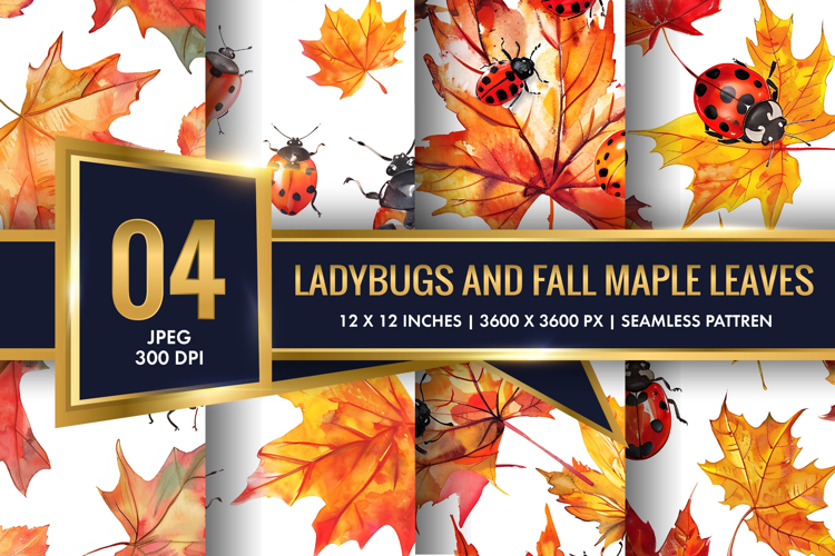 Watercolor Ladybugs and Fall Maple Leaves Digital Paper