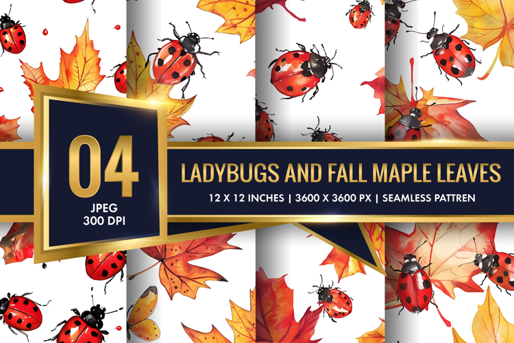 Watercolor Ladybugs and Fall Maple Leaves Digital Paper