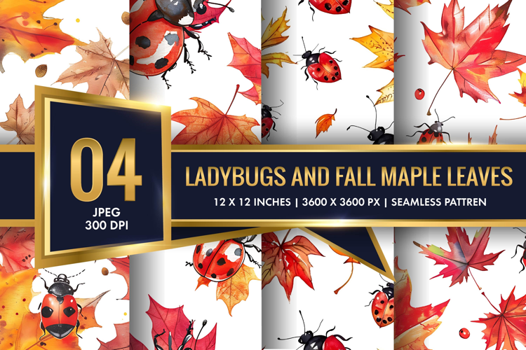 Watercolor Ladybugs and Fall Maple Leaves Digital Paper