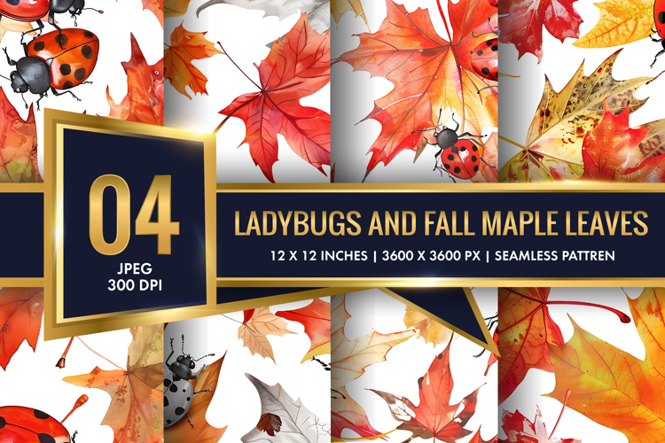 Watercolor Ladybugs and Fall Maple Leaves Digital Paper