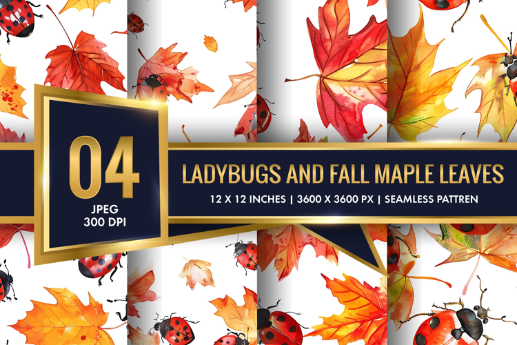 Watercolor Ladybugs and Fall Maple Leaves Digital Paper