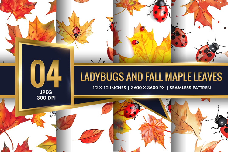 Watercolor Ladybugs and Fall Maple Leaves Digital Paper