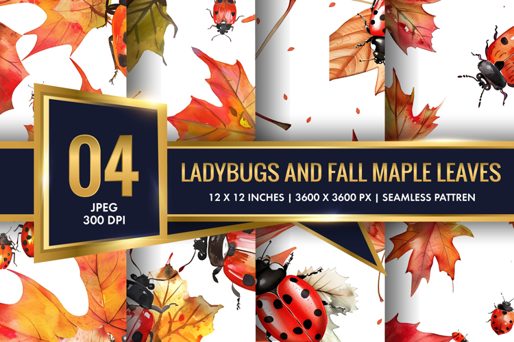 Watercolor Ladybugs and Fall Maple Leaves Digital Paper