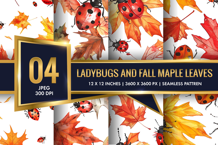 Watercolor Ladybugs and Fall Maple Leaves Digital Paper