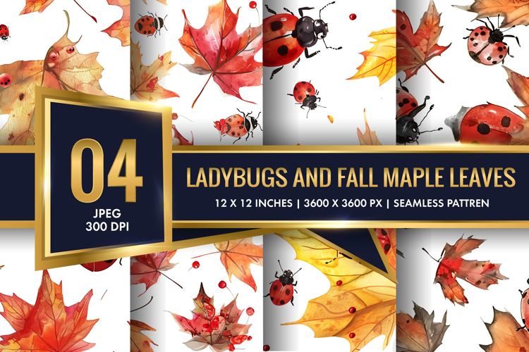 Watercolor Ladybugs and Fall Maple Leaves Digital Paper