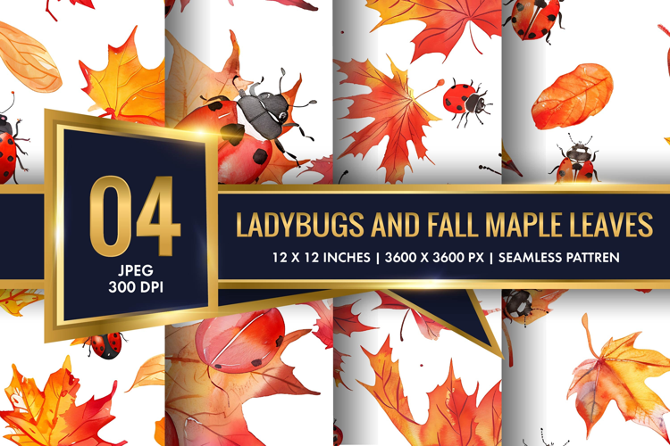 Watercolor Ladybugs and Fall Maple Leaves Digital Paper
