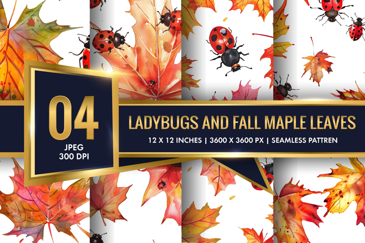 Watercolor Ladybugs and Fall Maple Leaves Digital Paper