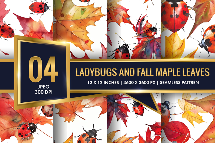 Watercolor Ladybugs and Fall Maple Leaves Digital Paper