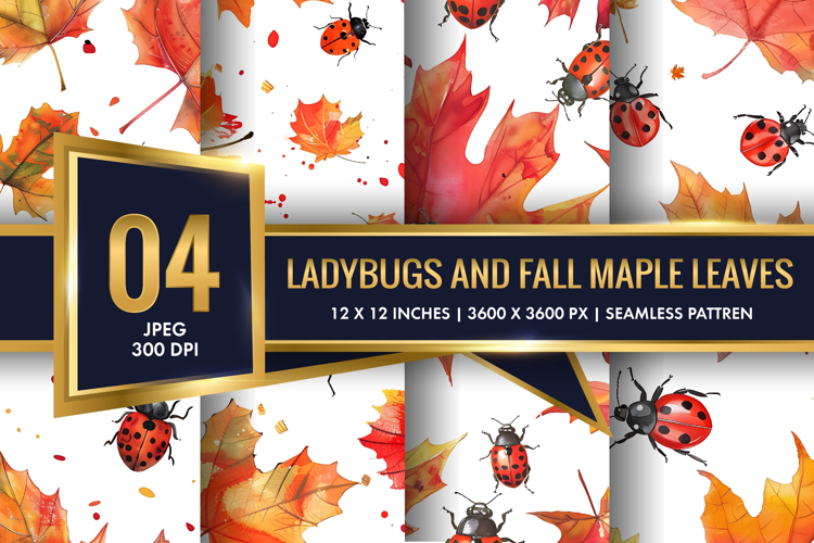 Watercolor Ladybugs and Fall Maple Leaves Digital Paper