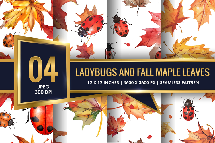 Watercolor Ladybugs and Fall Maple Leaves Digital Paper