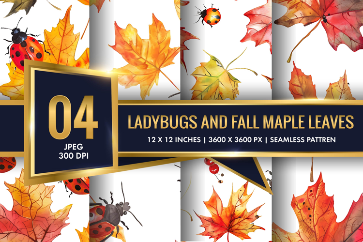 Watercolor Ladybugs and Fall Maple Leaves Digital Paper