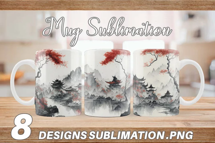 Watercolor Landscape Temple Mug sublimation design