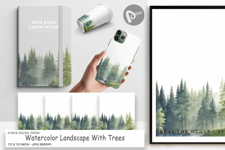 Digital Paper Watercolor Landscape Tree