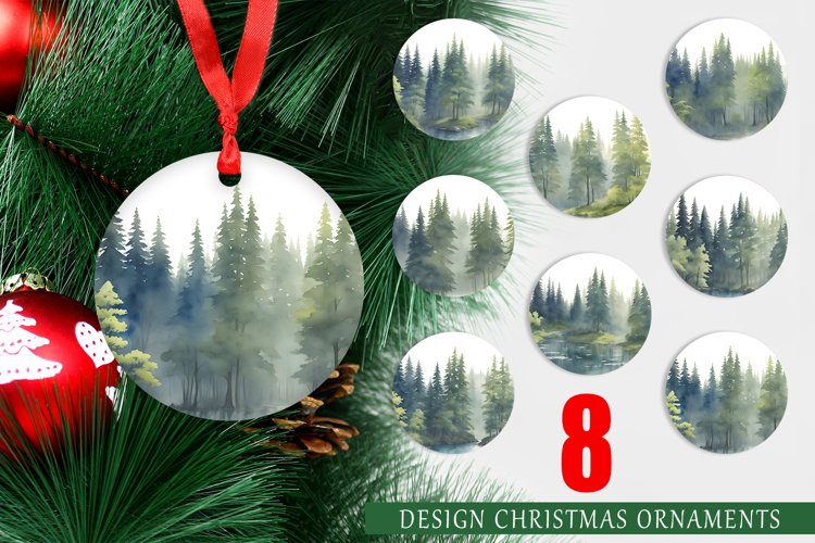 Christmas Ornaments Watercolor Landscape Trees