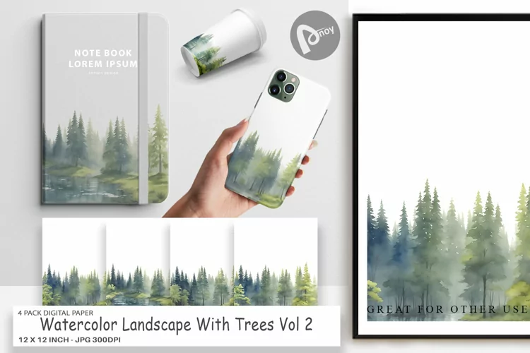 Digital Paper Watercolor Landscape Tree