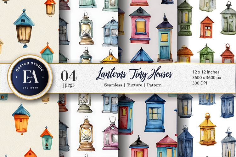 Tiny House Lanterns Watercolor Seamless Digital Paper