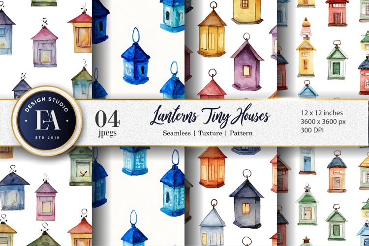 Watercolor Lanterns Shaped as Tiny Houses Digital Paper