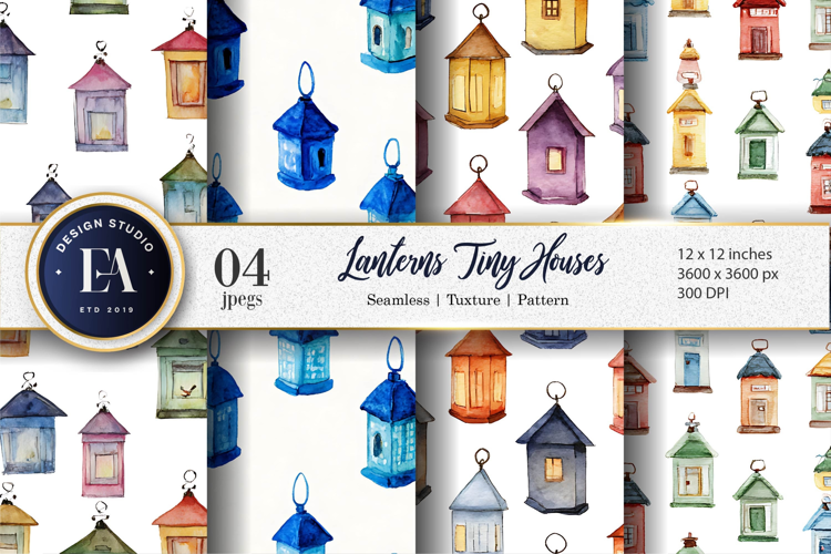 Watercolor Lanterns Shaped as Tiny Houses Digital Paper