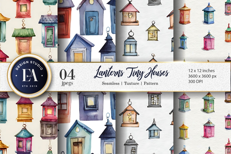 Watercolor Lanterns Shaped as Tiny Houses Digital Paper