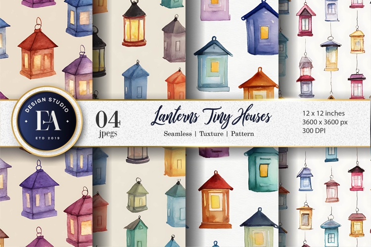 Tiny House Lanterns Watercolor Seamless Digital Paper