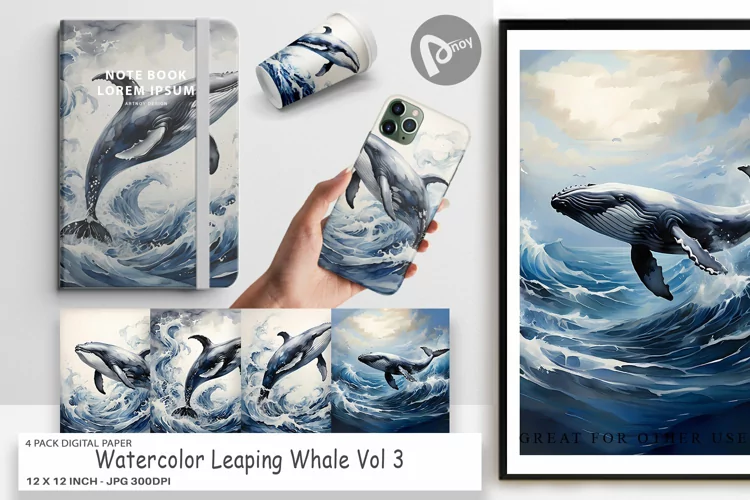 Digital Paper Watercolor Leaping Whale