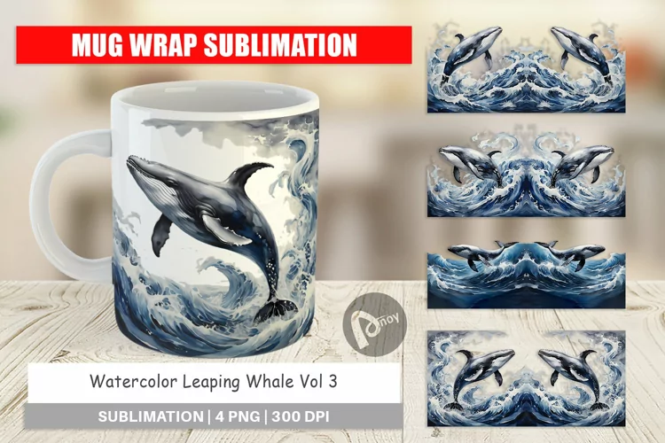 Mug Wrap Design Watercolor Leaping Whale