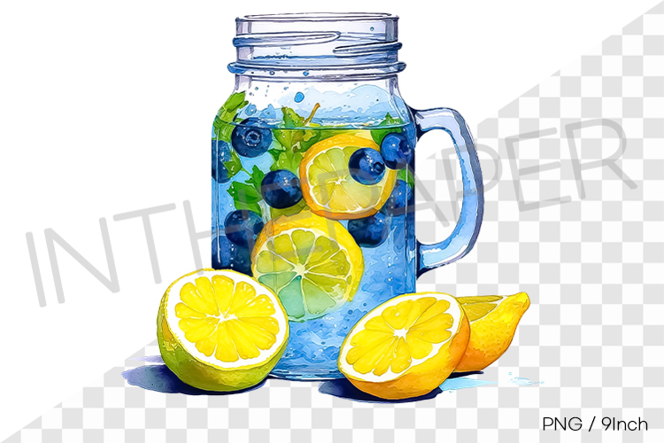 Blue lemonade jar PNG drink clipart watercolor illustration