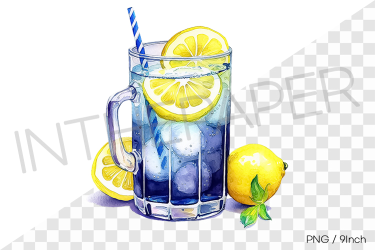 Blue lemonade straw mug PNG drink clipart watercolor illust