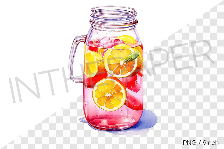 Pink lemonade jar PNG drink clipart watercolor illustration