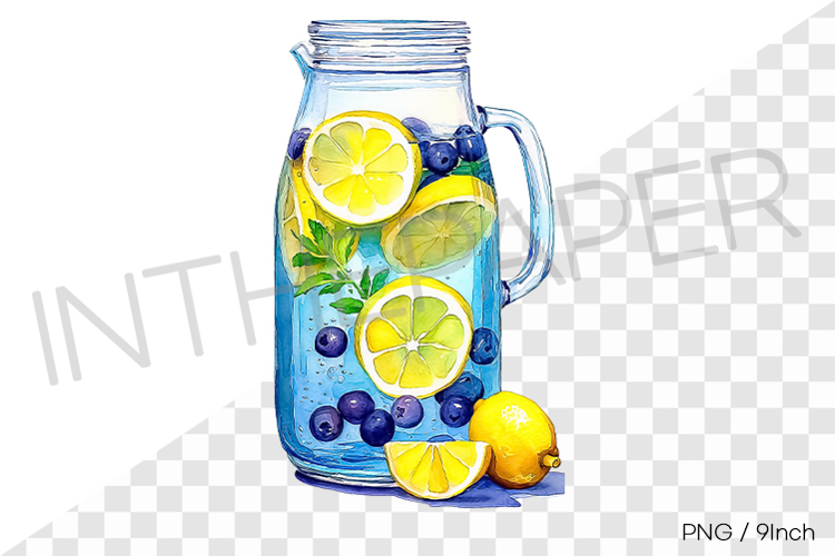 Blue lemonade pitcher PNG drink clipart watercolor illust