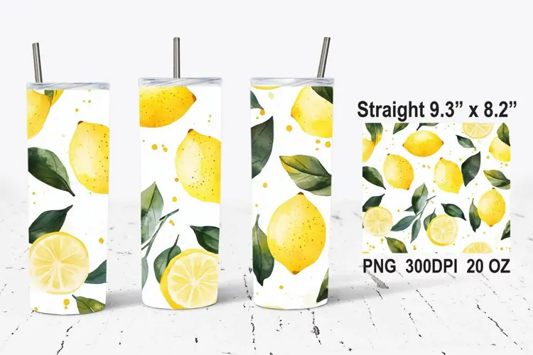 Watercolor Lemons Tumbler Wrap, Summer PNG