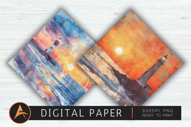 Watercolor Lighthouse Beach Sunset Digital Paper PNG