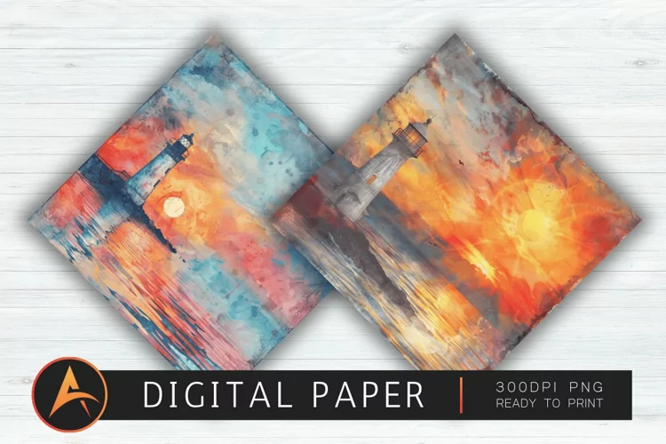 Watercolor Lighthouse Beach Sunset Digital Paper