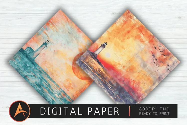 Watercolor Lighthouse Beach Sunset Digital Paper