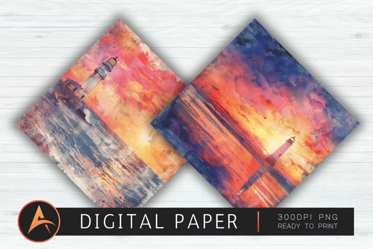 Watercolor Lighthouse Beach Sunset Digital Paper