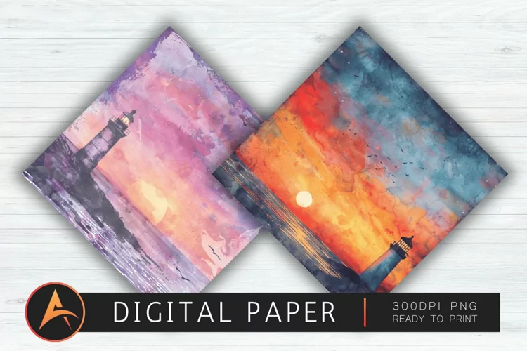 Watercolor Lighthouse Beach Sunset Digital Paper PNG