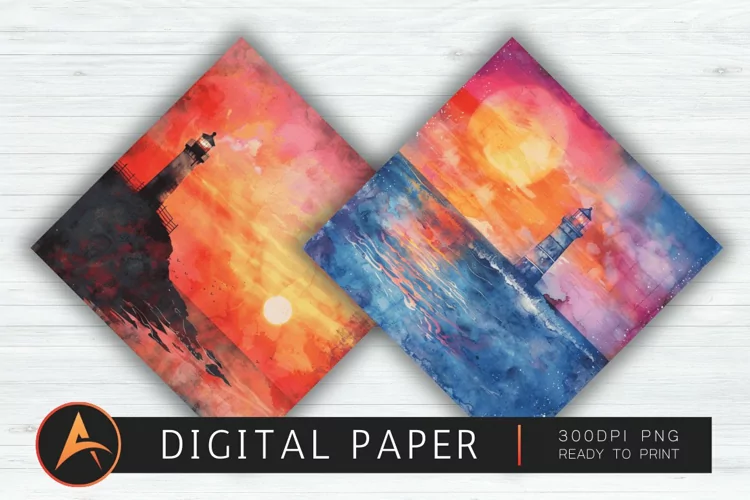 Watercolor Lighthouse Beach Sunset Digital Paper