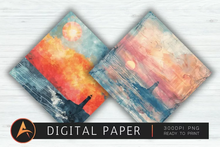 Watercolor Lighthouse Beach Sunset Digital Paper