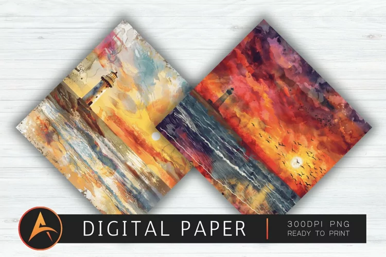Watercolor Lighthouse Beach Sunset Digital Paper