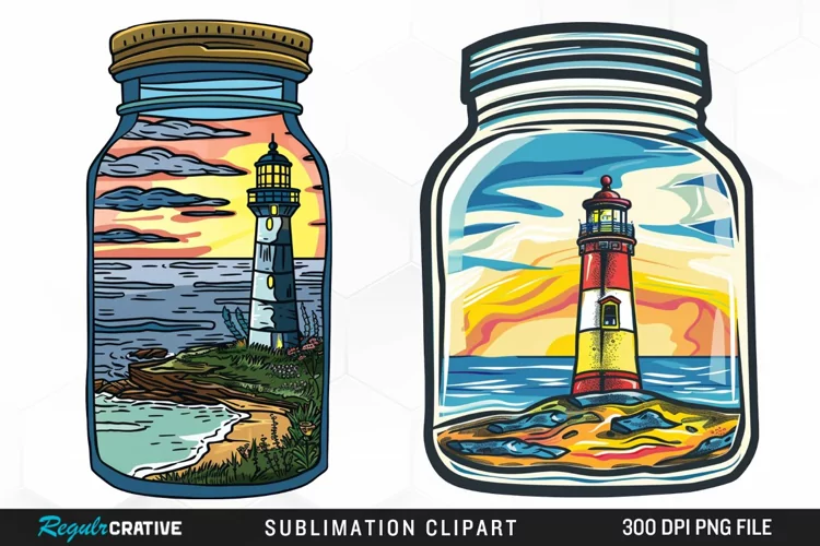 Watercolor Lighthouse In A Jar Graphics Clipart