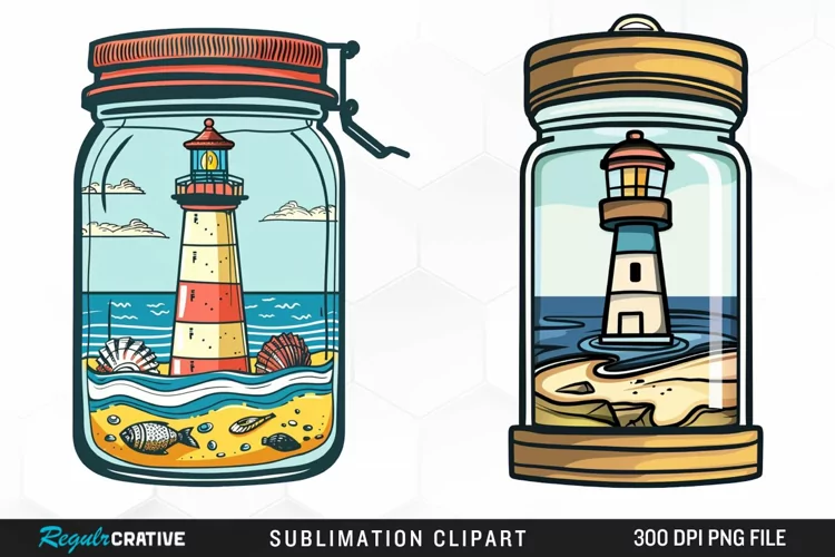 Watercolor Lighthouse In A Jar Design Clipart