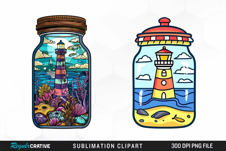 Watercolor Lighthouse In A Jar Design Clipart